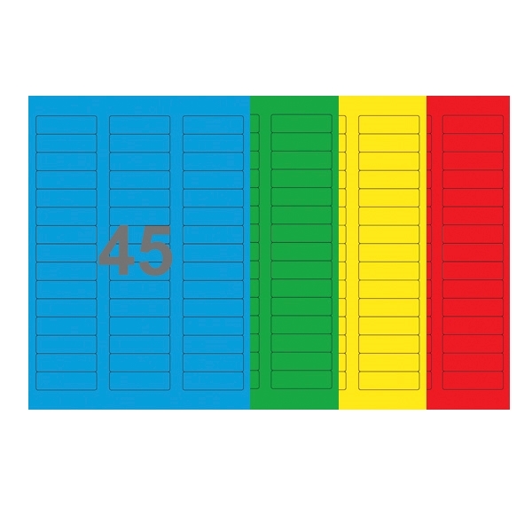 A4-etiketter, 45 stansade etiketter/ark, 58,0 x 17,8 mm, (blå, grön, gul eller röd) 100 ark